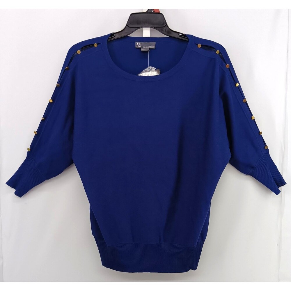 Chelsea & Theodore Sweater Womens Large Blue 3/4 Dolman Slit Sleeve Knit Top NWT
